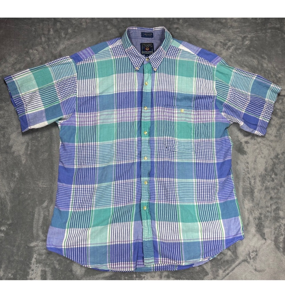 Chaps Ralph Lauren Mens XL Short Sleeve Plaid Button Down Shirt Blue Green